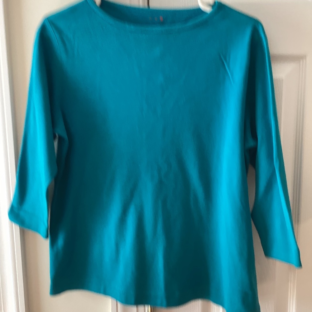 Three Dots Women’s Long Sleeve Teal T Shirt, Size Small, 100 % Cotton